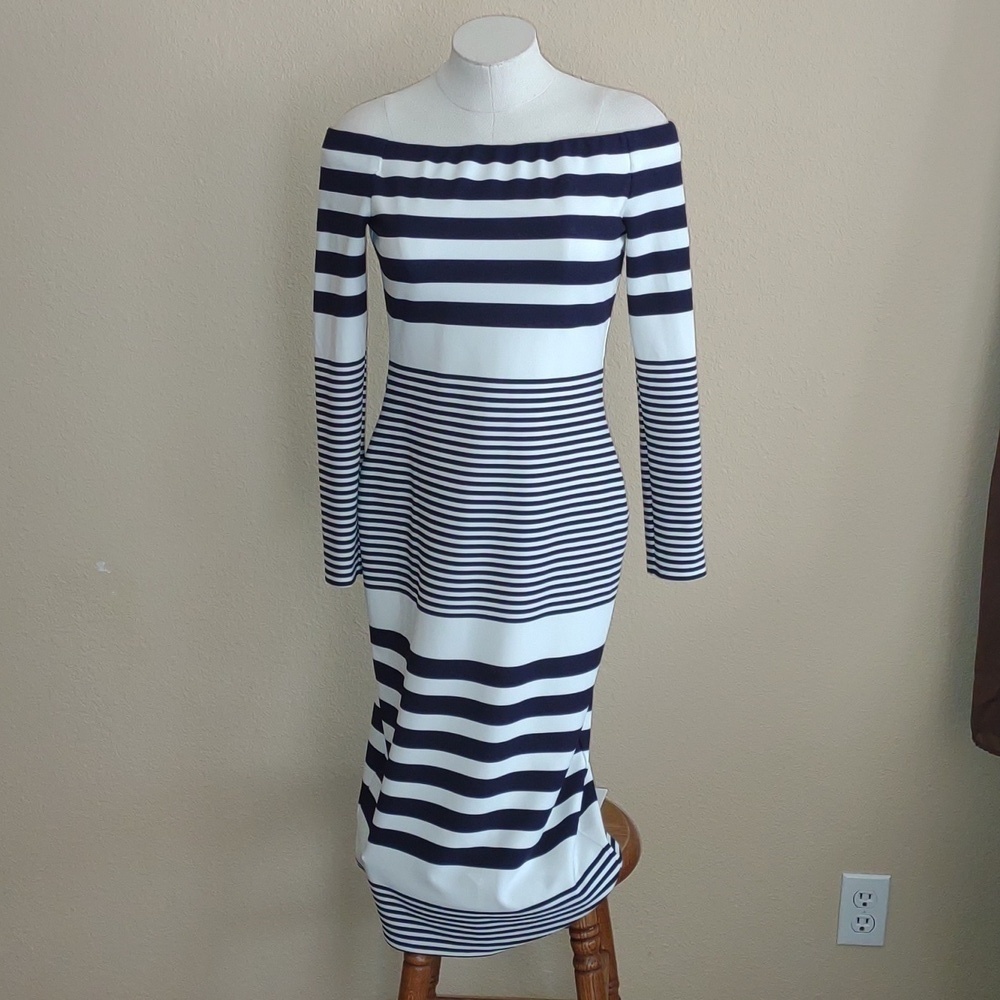 Eliza J Navy and White Off the Shoulder Striped Dress Size 6